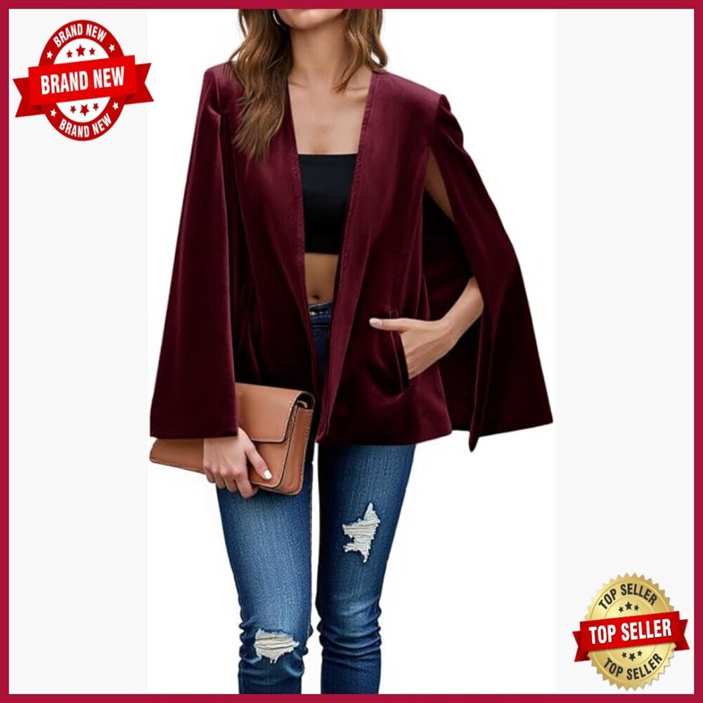 Velvet Cape Blazer Jacket Open Front Long Sleeve Formal Casual Wear
